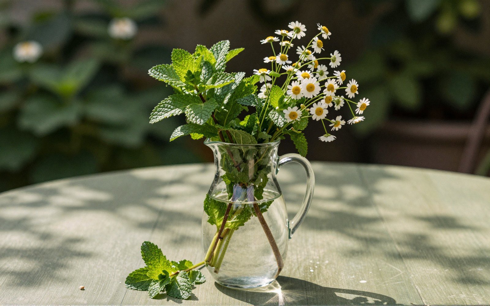 Mint and chamomile picked twenty minutes before the water boiled.