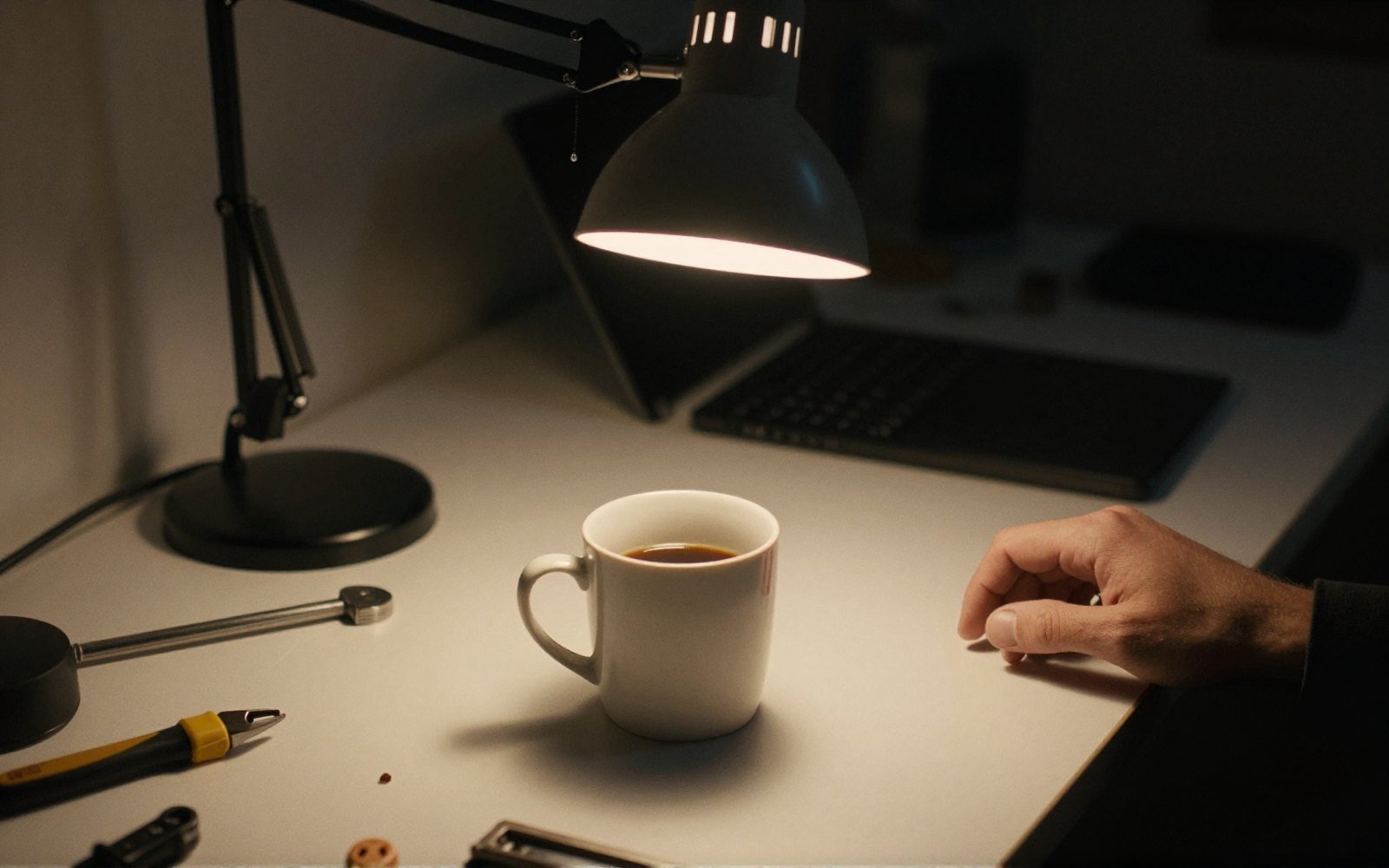 One lamp, one cup, work that will not wait until morning.