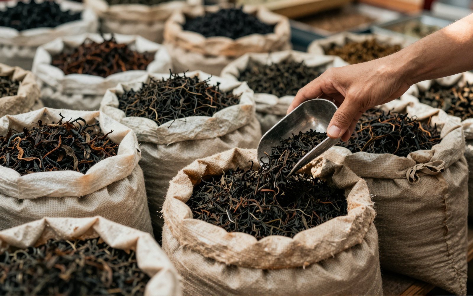 Loose leaf by the scoop, sold by smell as much as by name.