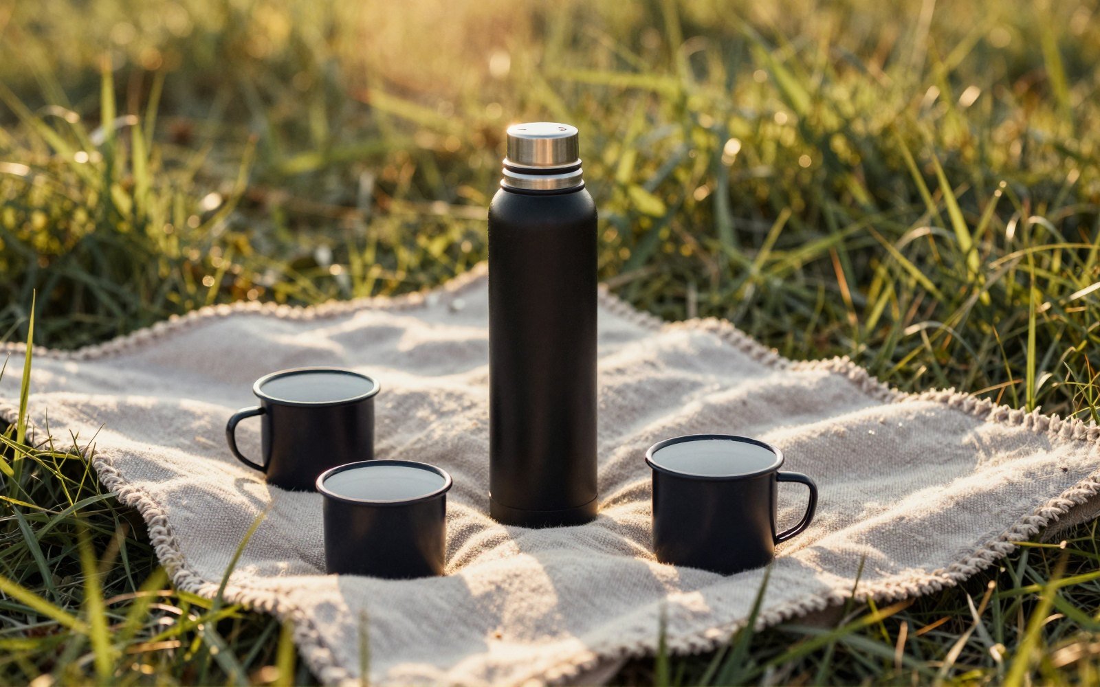 Two enamel cups and a flask that has seen things.
